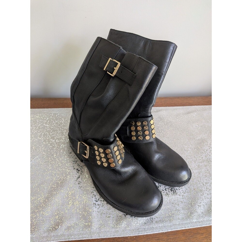 Jessica Simpson Boots Women's 8 Black Leather 9" Shafts Pull-on Studs Western